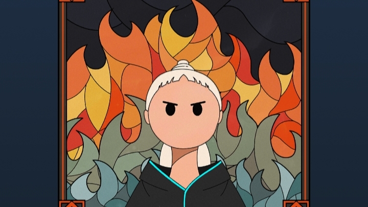 Image is a white haired young woman standing against a backdrop of flames