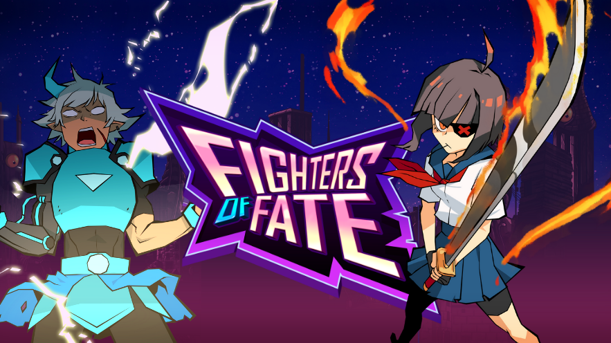 Image is two female fighters posing, a brown-skinned fighter in blue and a schoolgirl with an eye patching holding a firey sword